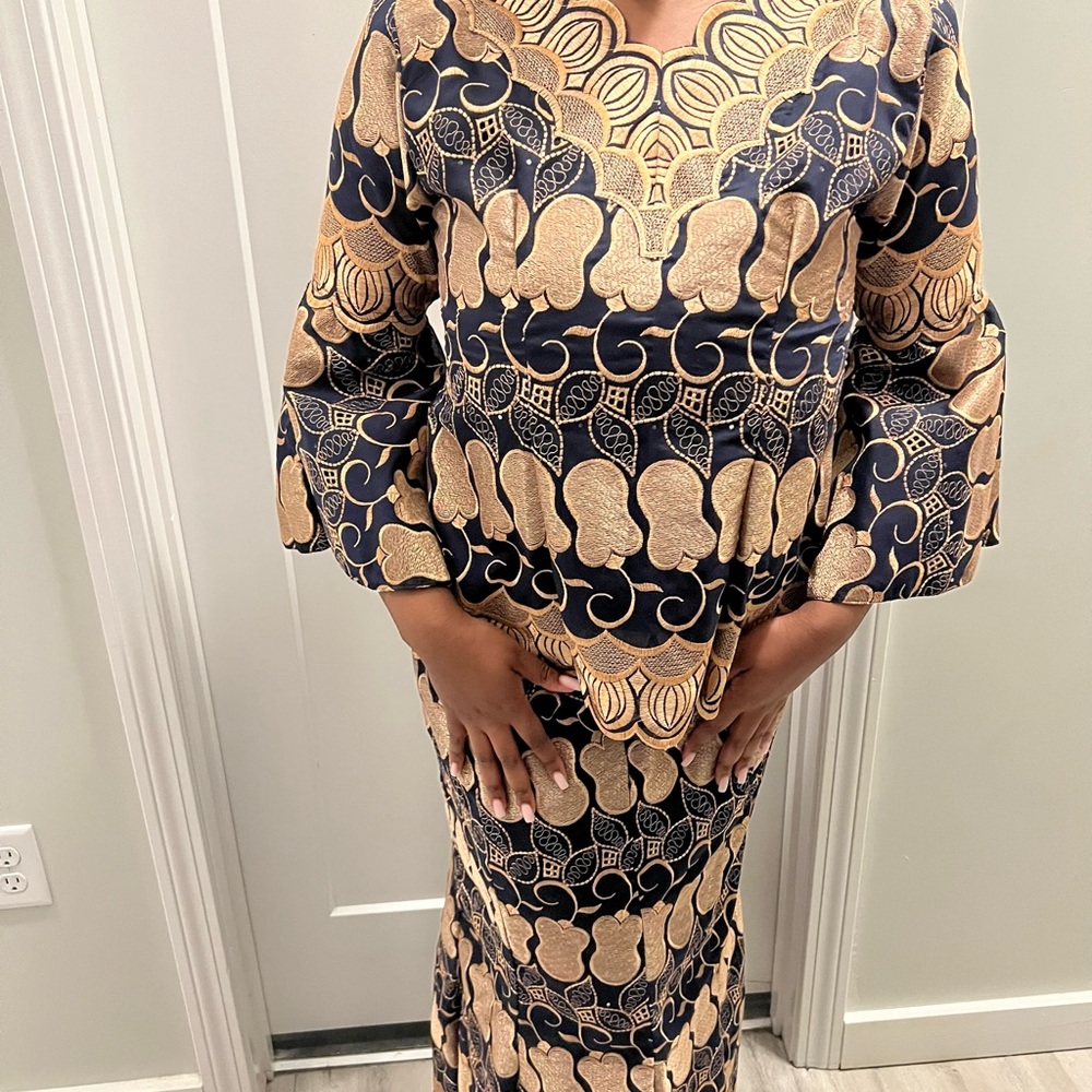 Elegant Gold and Navy Patterned Two-Piece Set